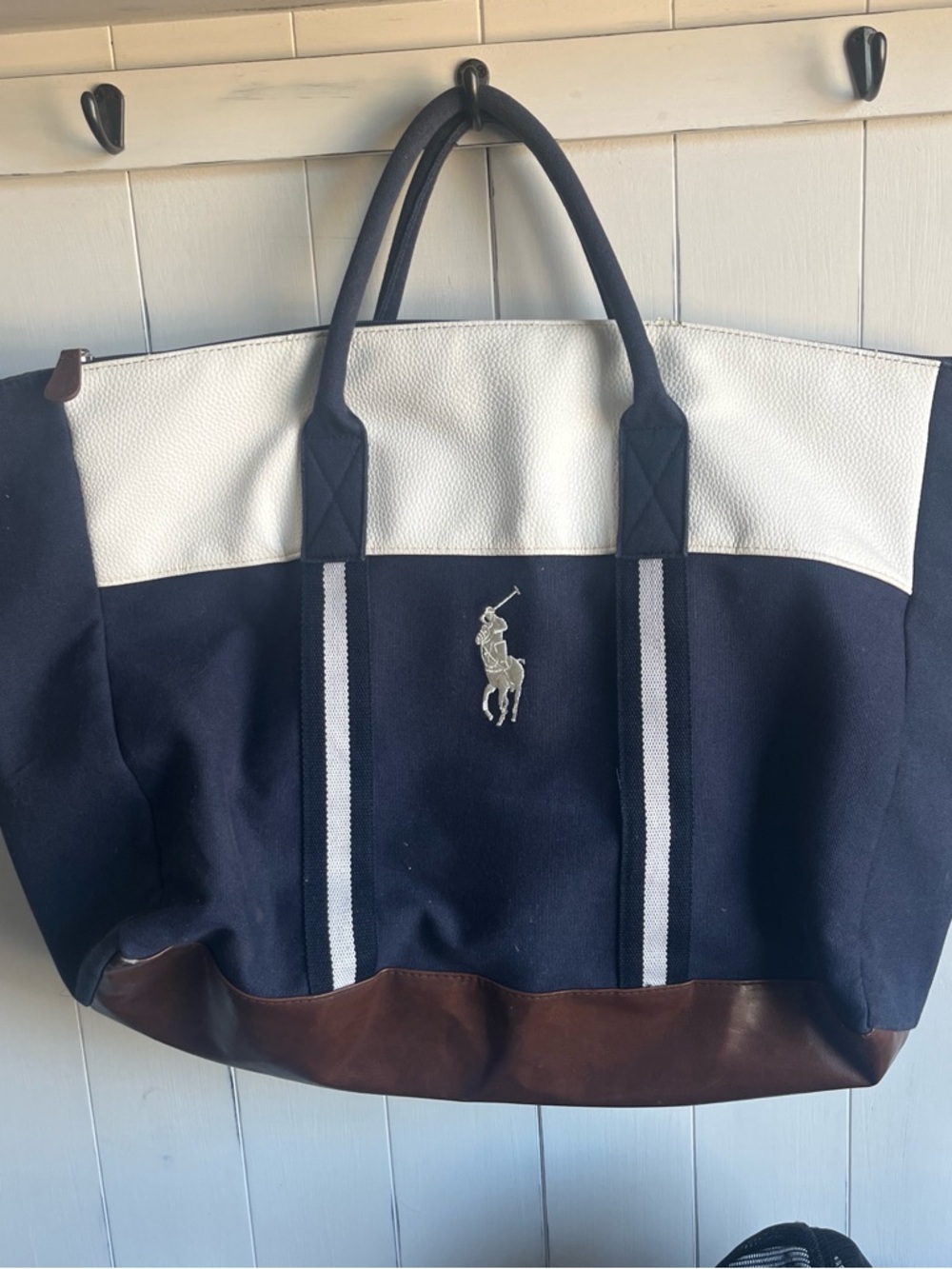 Ralph Lauren Navy, White & Brown Duffel Tote